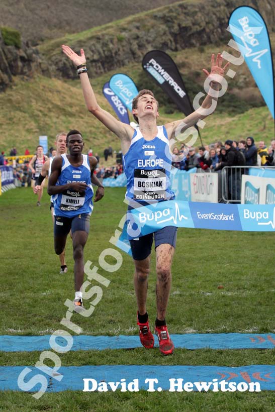 Dino Bosnjak wins the junior mens 2013 BUPA Great Edinburgh Cross Country.
